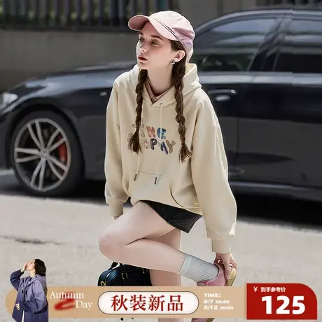 8.7/0点 上新唐狮2025秋新款连帽卫衣女日系百搭宽松文艺拼贴印花图片