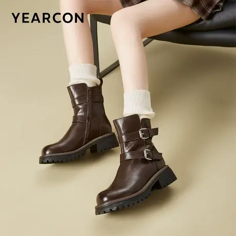 意尔康真皮双皮扣骑士靴女2025秋冬款复古英伦风厚底中筒时装长靴商品大图
