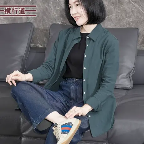 2025秋季新款简约职业翻领纯色长袖外套衬衣女装大码纯棉衬衫正肩图片