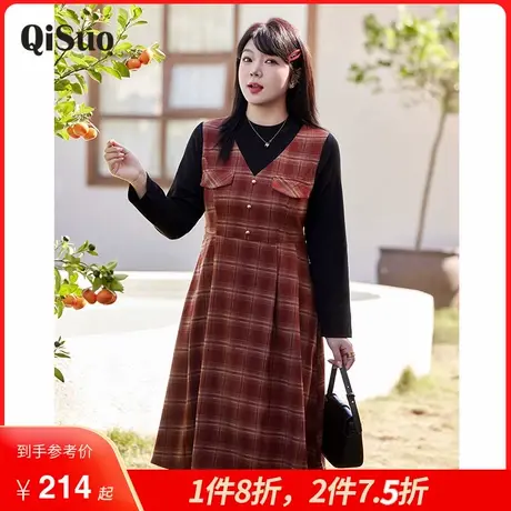 绮娑大码女装冬季新款假两件收腰显瘦胖MM磨毛复古长款格子连衣裙商品大图