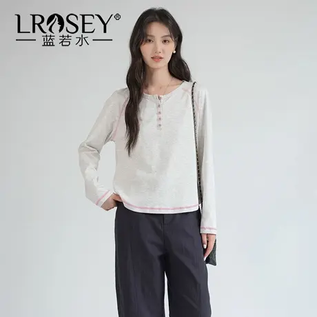 蓝若水大码女装纽扣半开领明线打底衫2025秋装新款休闲百搭上衣YL商品大图