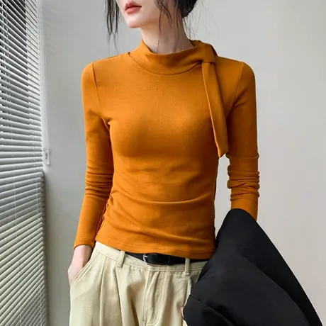 法式飘带领长袖内磨毛T恤女秋新款修身显瘦洋气别致纯色百搭上衣商品大图