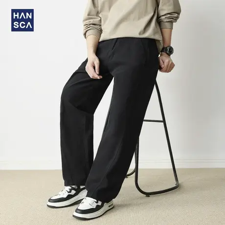hansca高端纯棉直筒休闲裤男秋季新款潮牌宽松阔腿黑色拼接长裤子商品大图