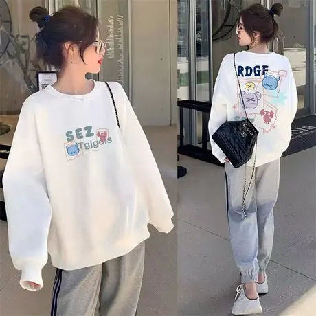 白色卡通圆领卫衣女款秋季2025年新款爆款宽松慵懒风外套加绒上衣商品大图