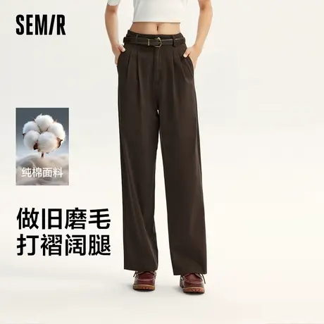森马休闲裤女做旧宽松阔腿裤咖啡色通勤秋季磨毛纯棉打褶长裤腰带商品大图
