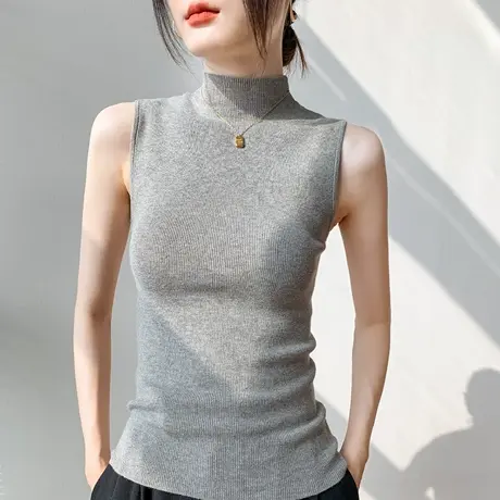 半高领无袖针织背心女秋季新款修身显瘦别致西装内搭纯色百搭上衣商品大图
