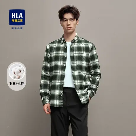 HLA/海澜之家时尚格子长袖休闲衬衫2025秋季新款纯棉制扣领衬衣男商品大图