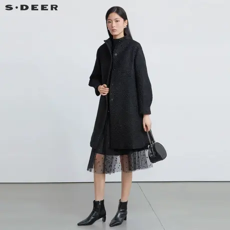 sdeer圣迪奥女装立领肌理收腰长款毛呢大衣S224Z2324商品大图