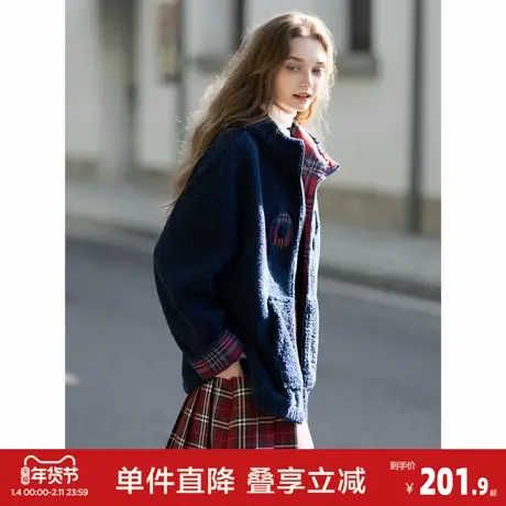 唐狮2026冬季短款外套女连帽拼接格纹仿羊羔毛加厚保暖藏青色外套商品大图