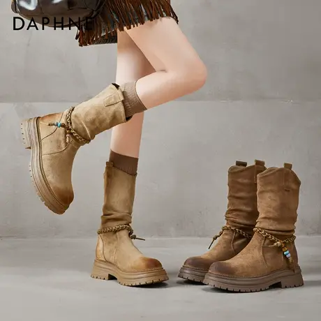 达芙妮美拉德短靴子女秋2026新款复古西部骑士靴堆堆靴中筒马丁靴图片