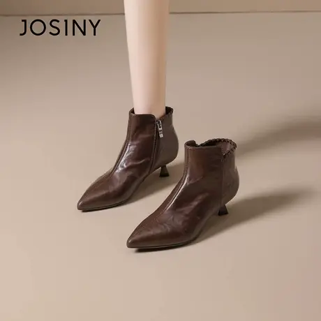 卓诗尼尖头短靴女2025年冬季新款百搭气质细跟小裸靴法式中跟靴子图片