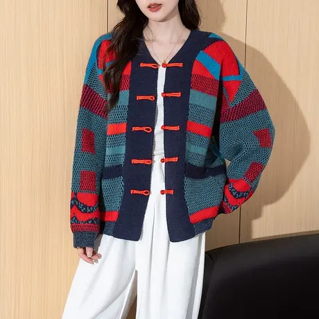 唐狮秋冬季女毛衣新中式风盘扣开衫外套红色系小众设计感tu商品大图