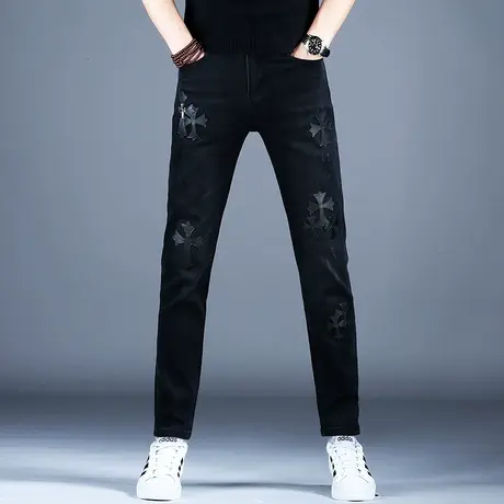 男士刺绣牛仔裤男款美式高街男裤潮流裤子男小脚修身黑色新款弹力商品大图