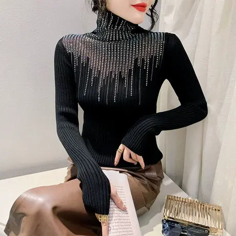 黑色高领针织衫长袖女复古欧货烫钻拼接上衣洋气收腰套头加厚毛衣商品大图