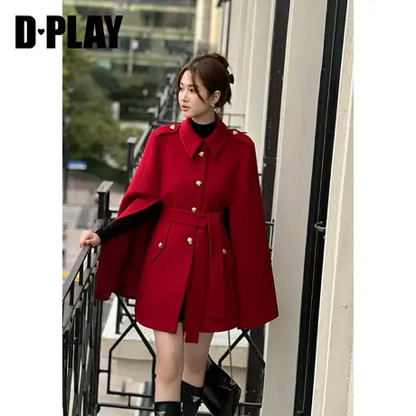 DPLAY2023轻奢名媛红色翻领A字斗篷婚礼结婚外套毛呢斗篷大衣商品大图