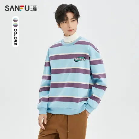 三福2023冬男士英文印花横条纹卫衣 休闲宽松圆领上衣男477083商品大图