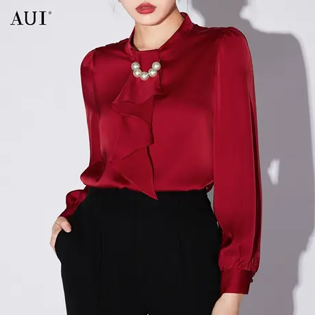AUI红色御姐气质高级感衬衫女2023秋新款职业OL上衣长袖通勤衬衣商品大图