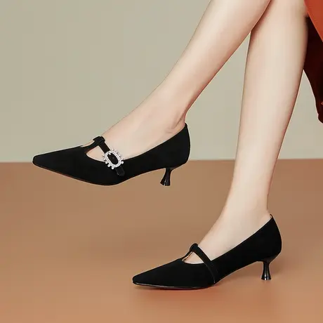 2023夏季真皮法式尖头皮鞋女通勤气质舒适时尚羊反绒单鞋中跟女鞋商品大图