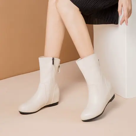 短靴女真皮新款马丁靴平底内增高靴子单靴白色鞋靴头层牛皮中筒靴商品大图