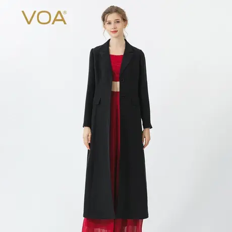 VOA暗黑色45姆米重磅厚桑蚕丝戗驳领长袖双排扣直筒通勤真丝风衣图片