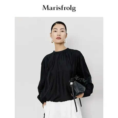 【真丝轻工艺】玛丝菲尔女装春装新款桑蚕丝黑色法式设计感衬衫商品大图