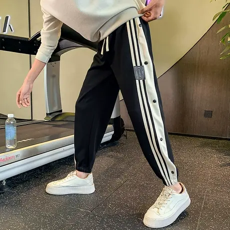 运动裤春秋季新款宽松条纹拼色设计感束脚休闲裤排扣潮流百搭卫裤商品大图