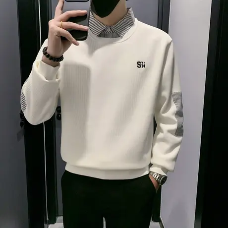 假两件衬衫领加绒卫衣男秋冬拼接条纹小众设计感潮流加厚T恤上衣商品大图