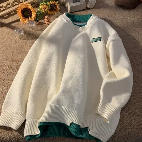 日系复古毛衣男休闲宽松假两件文艺百搭春秋慵懒风圆领贴标针织衫商品大图