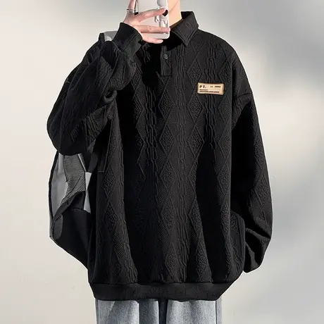 长袖Polo衫提花卫衣男春秋季简约美式翻领长袖打底衫情侣宽松衣服商品大图