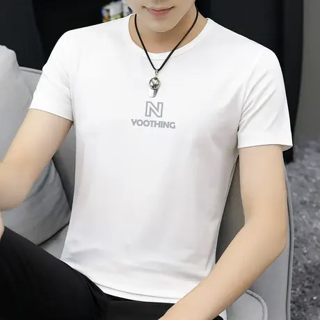 莫代尔白色t恤男士短袖圆领上衣服潮牌潮流夏季冰丝速干凉感半袖商品大图