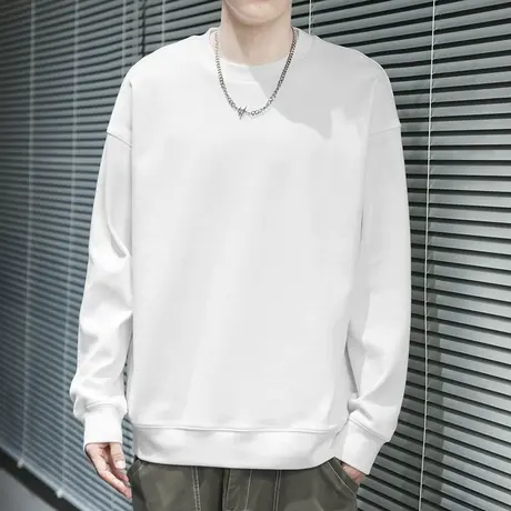 350g重磅卫衣男士秋冬款潮流宽松纯色白色长袖t恤圆领无帽上衣服商品大图