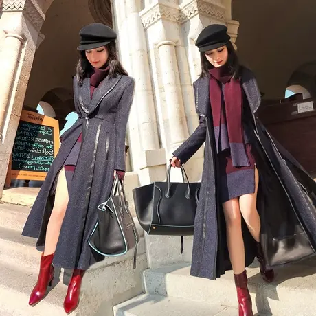 VJE秋冬装新款 职业装时尚气质pu皮拼接呢子大衣风衣外套女图片