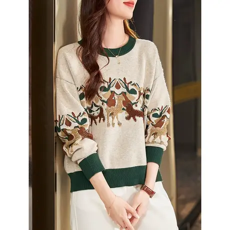 宝诗黎2024新款毛衣春季提花圆领宽松慵懒针织衫时尚落肩长袖上衣商品大图