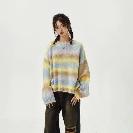 YEP慵懒风条纹软糯毛衣女短款春秋高级感套头复古毛毛针织衫多色商品大图