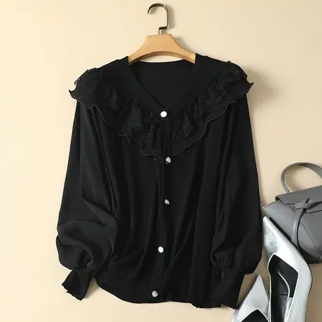 春装2024年新款雪纺袖冰丝针织衫女长袖宽松上衣洋气蕾丝打底衫女图片