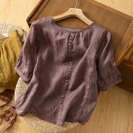 享永子中袖苎麻衬衫女文艺复古宽松显瘦棉麻上衣百搭2024夏季新款商品大图
