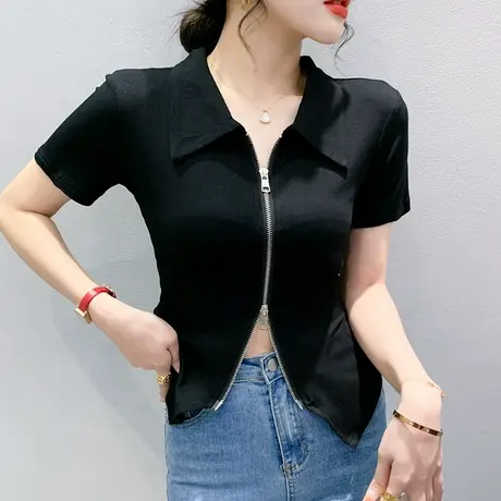 欧货设计感小众拉链T恤女短袖夏季个性网红小衫洋气收腰短款上衣商品大图