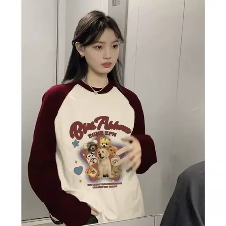 宽松长袖t恤女插肩袖oversize拼接撞色复古夏季小众独特百搭上衣商品大图