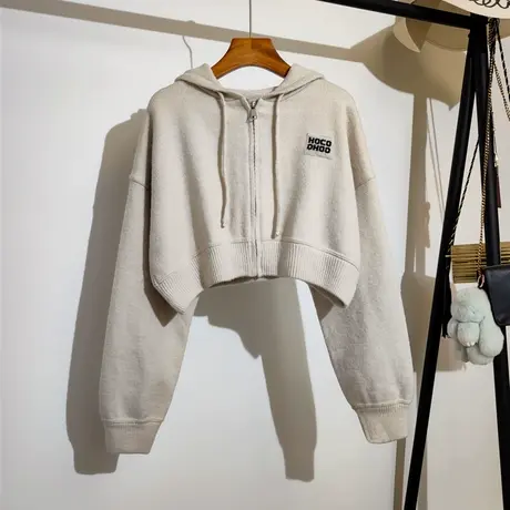 连帽针织开衫毛衣外套女卫衣秋冬新款韩系高腰短款小个子拉链上衣商品大图