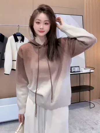 2023新款早秋渐变色设计感抽绳连帽毛衣气质洋气休闲通勤上衣女潮商品大图