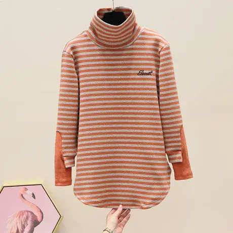 2023冬季新款时尚大码显瘦高领条纹上衣宽松减龄经典款长袖卫衣潮商品大图