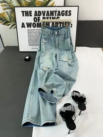 2023夏季薄款牛仔阔腿裤女高腰显瘦韩版破洞宽松直筒裤垂感阔腿裤商品大图