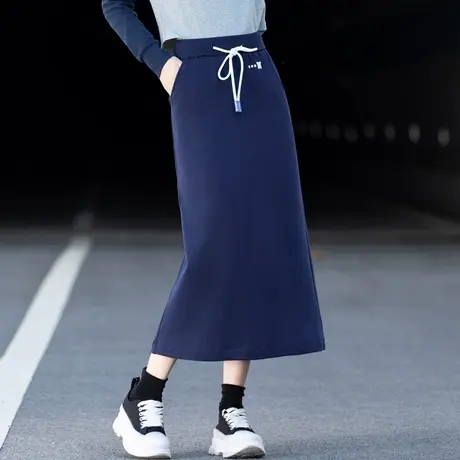 藏蓝色半身裙女2024新款春夏半身长裙休闲运动卫衣裙子松紧腰直筒图片