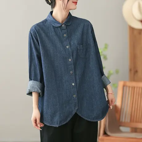 dza 复古蓝色牛仔衬衫女士2023春夏纯棉长袖衬衣宽松百搭开衫上衣图片