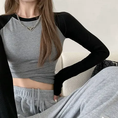 美式复古长袖T恤女春秋冬内搭拼色打底衫ins潮外穿宽松显瘦上衣服商品大图