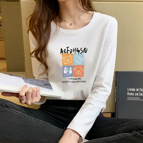 2023年春装纯棉正肩白色长袖t恤女大码宽松上衣学生内搭打底小衫商品大图