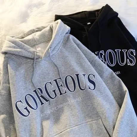 冬款纯棉连帽灰色卫衣女小个子潮ins超火情侣宽松秋冬加绒加厚图片