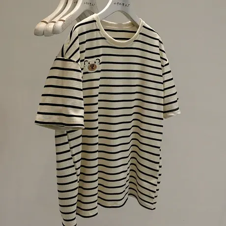 韩国网红款！春季新款华夫格短袖t恤女宽松上衣oversizeT恤潮条纹图片