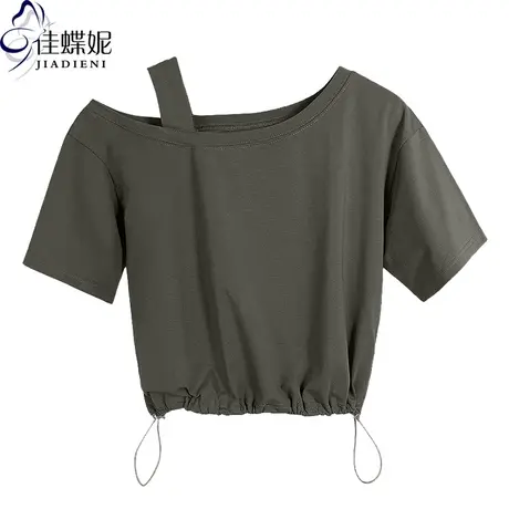夏季新款斜领性感纯棉短款宽松休闲纯欲抽绳短袖体恤上衣女打底衫商品大图