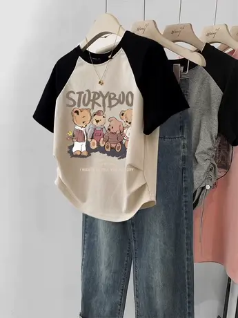 短款小个子t恤女美式插肩袖短袖2023新款纯棉ins潮大码修身上衣夏商品大图